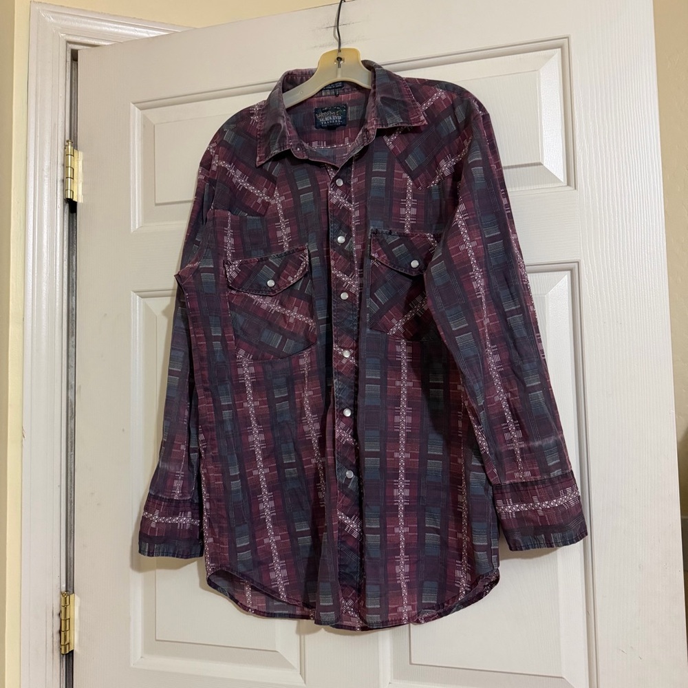 Vintage Salmon River Traders Western Wear Pearl Snap Button Down Shirt Sz Medium